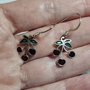 Vintage Sterling Silver Red And Green Enamel Dainty Dangling Cherry Earrings